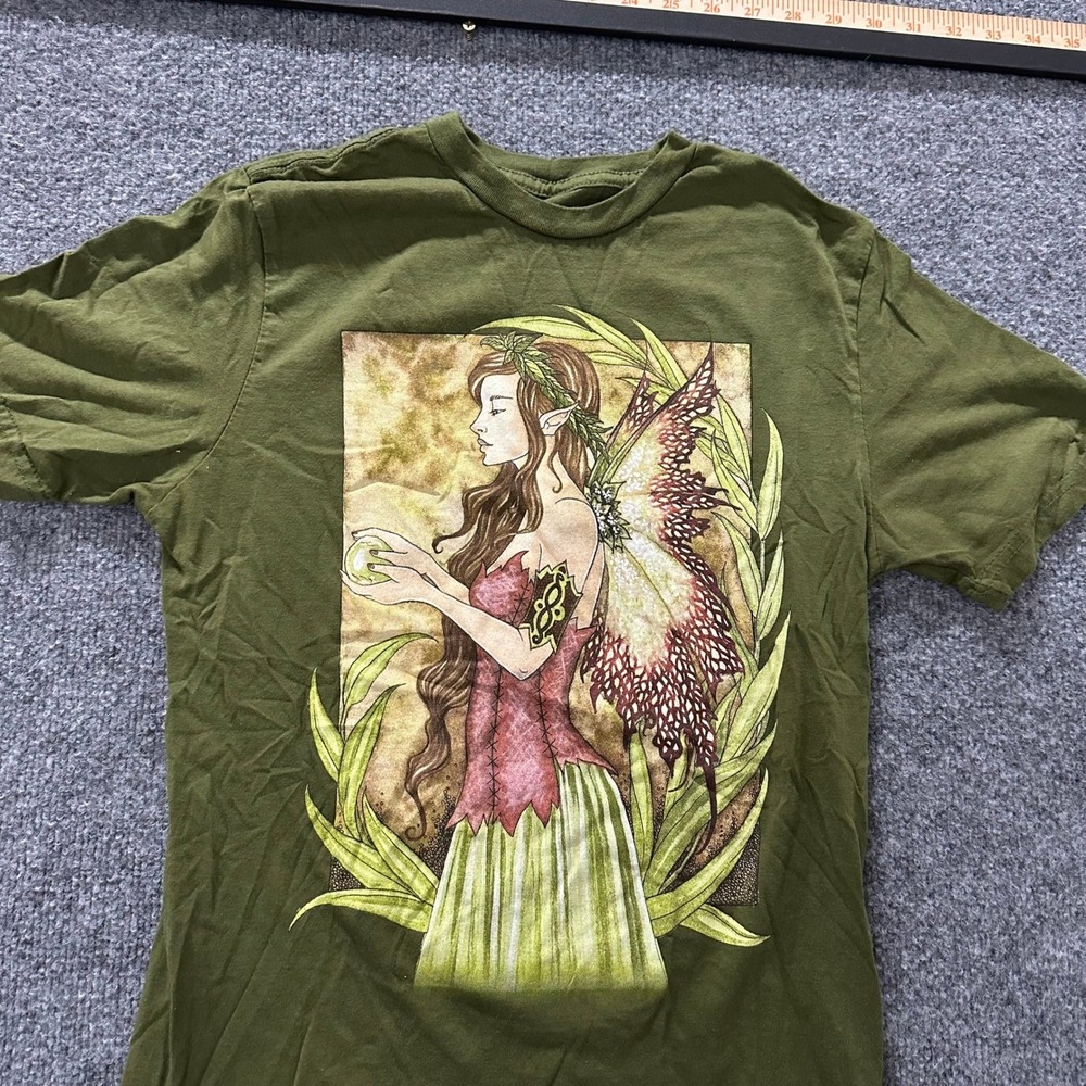 Amy Brown T-Shirt Womens Size S Olive Green Fairy Fantasy Graphic Cotton Tee